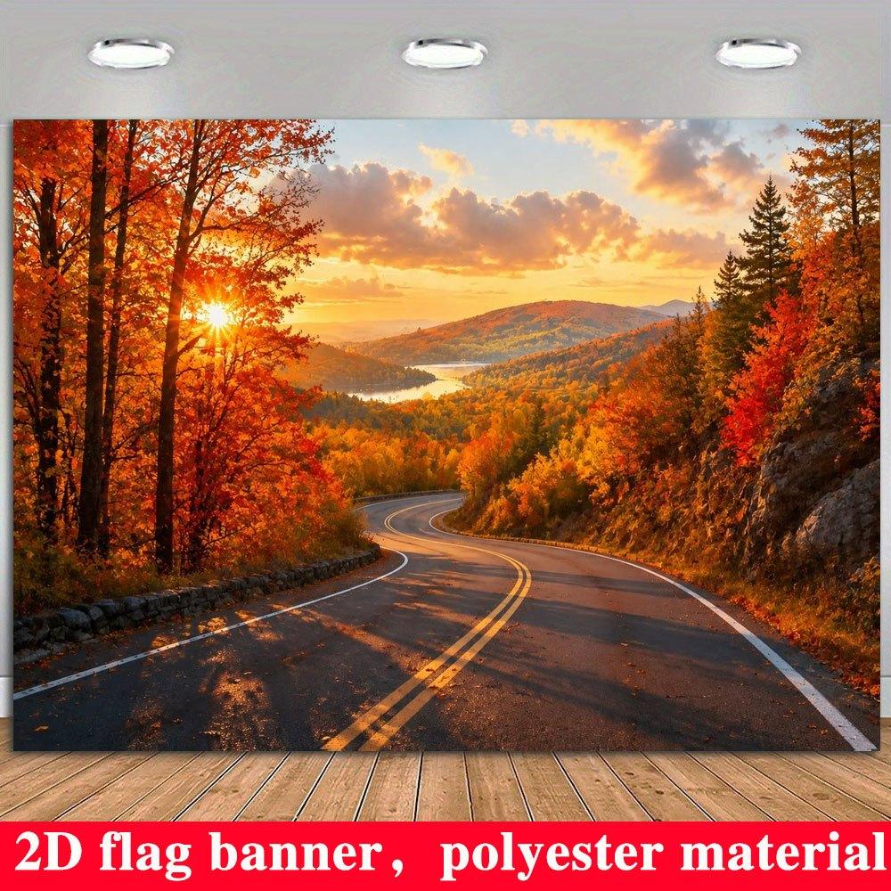 2D Flat Banner, Autumn Forest Lake Mountain Sunset Backdrop, Winding Road, Fall Foliage