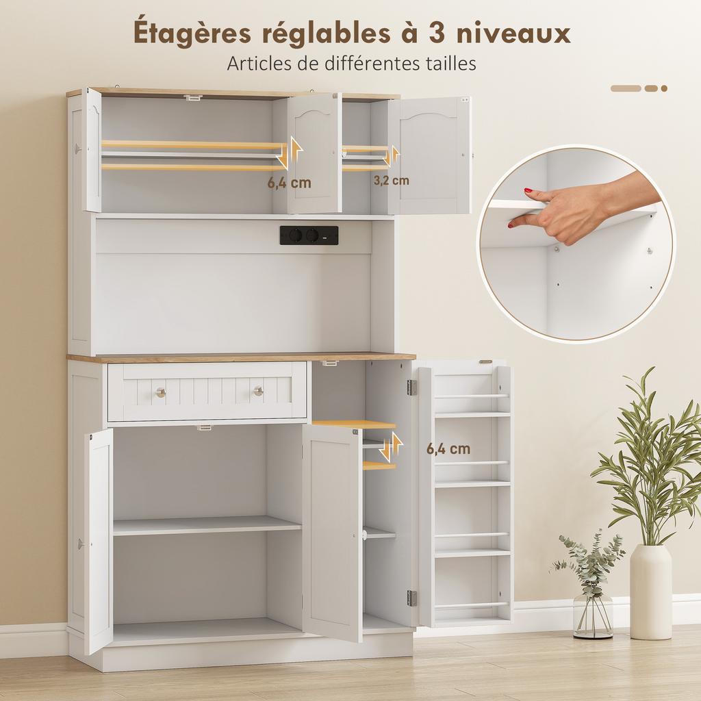 Kitchen Buffet, High, Charging Station, 6 Doors, Worktop, Spice Rack, 100 x 40 x 173 cm, White