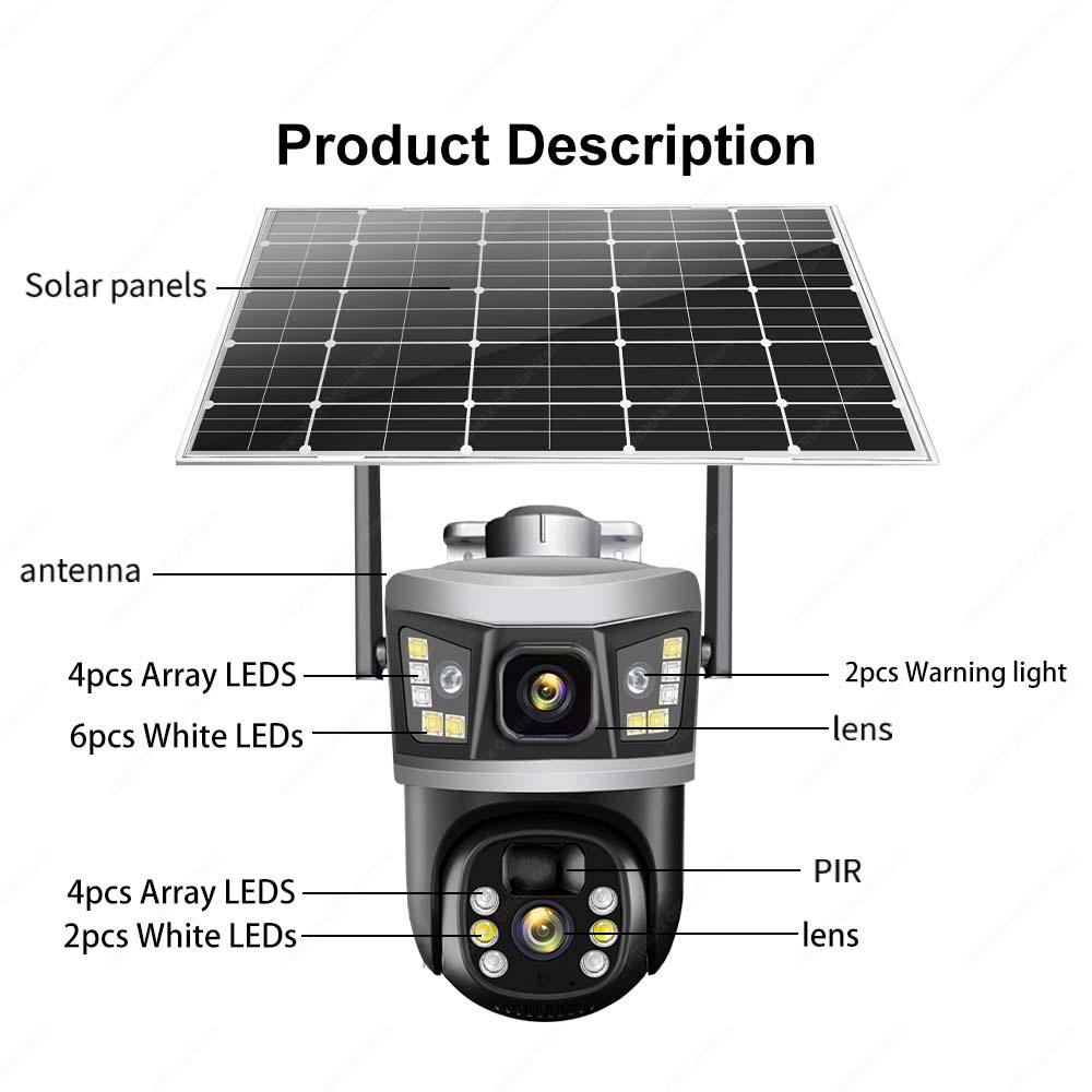 12MP 6K WiFi Solar Outdoor Wireless Lens Dual Screen PTZ Security Camera Auto Tracking Smart CCTV Video Surveillance
