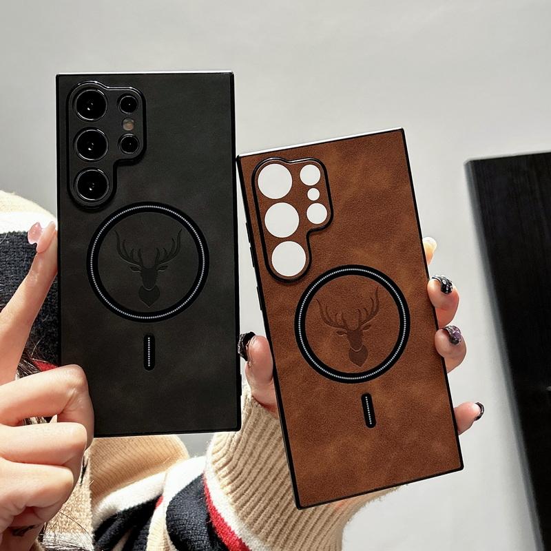 Чехол для телефона Samsung S25 Ultra S24 S23 Plus S22 из кожи с магнитным принтом оленя, тонкий матовый противоударный чехол с функцией беспроводной зарядки