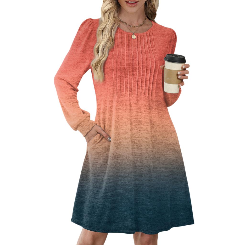 Женское повседневное платье с длинным рукавом, плиссировкой, круглым вырезом, градиентным принтом и карманами