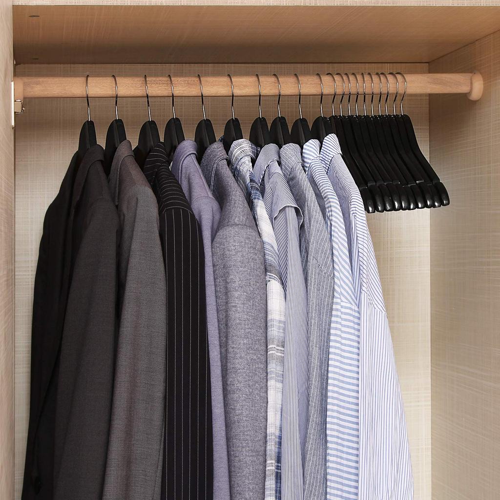 SONGMICS Wooden Hangers, Set of 10, Coat Hangers, Clothes Hangers, with Shoulder Notches, Anti-Slip Trousers Bar, 360 degrees Swivel Hook, for Suits