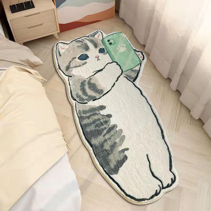 Cartoon Bedside Rug Cat Floor Mat Fluffy Cat Mats Irregular Carpet For Living Room Shaggy Area Rug Thicken Doormat Decor Rug