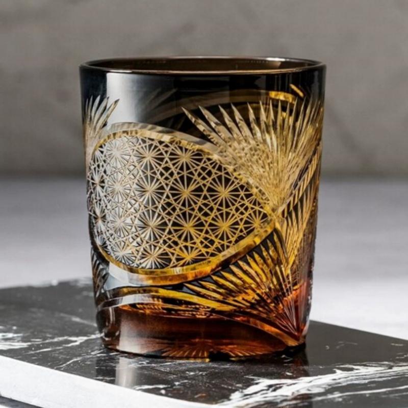 Handmade Japanese Style Edo Kiriko Whiskey Glass Tumbler Colored Hand Cut To Clear Glasses Color Tinted Old Fashioned Glasses