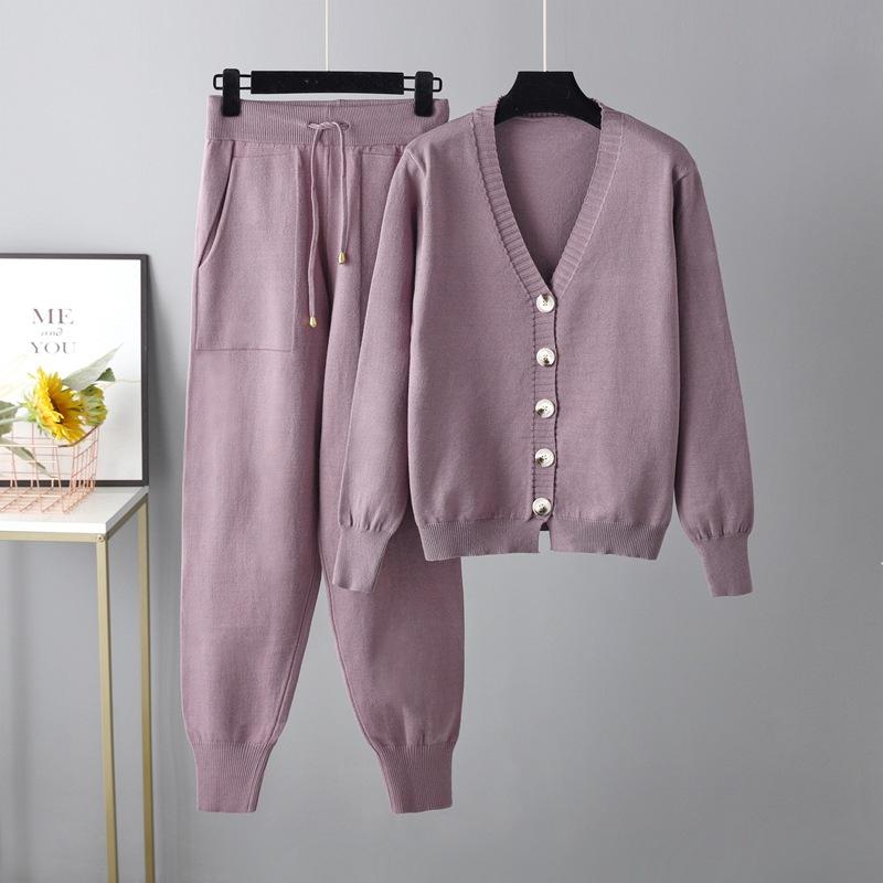 Autumn and Winter New Collar Cardigan Sweater Harlan Pants Set Solid Color Cardigan Sweater Two-piece Set