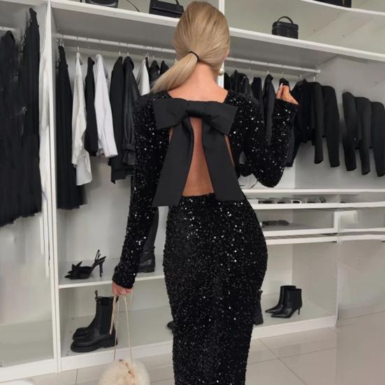 Женское вечернее платье с открытой спиной, большим бантом, декором из пайеток, круглым вырезом, средней талией, облегающим макси-платьем с длинным рукавом, выпускным клубным платьем