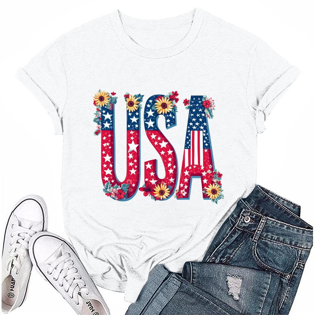 Women's Round Neck Casual Independence Day Printed Short Sleeve T-Shirt Top