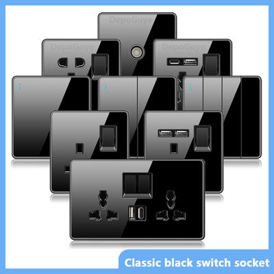 Luxury All Tempered Glass Wall Light Switch Button Black UK Plug 13A Universal Wall Socket with Usb ,220V1gang2way Speed Switch