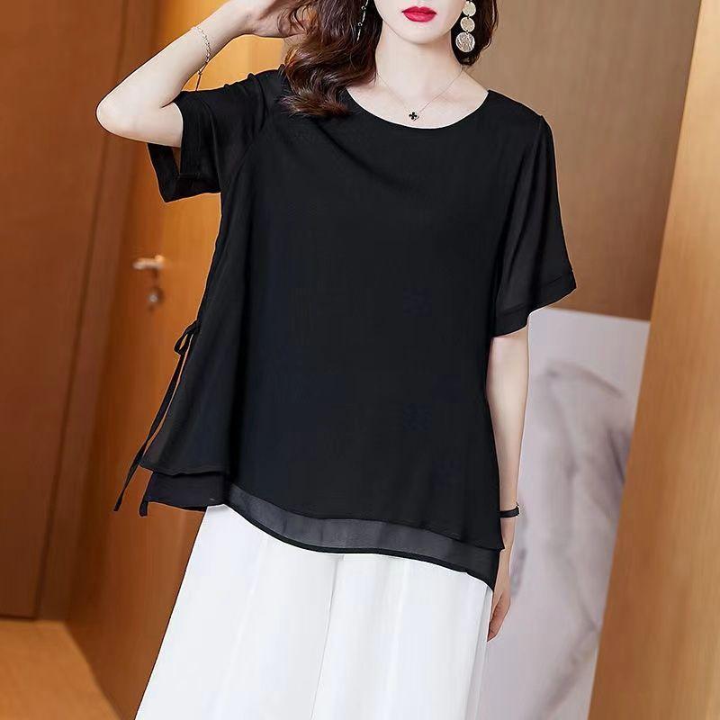 Женская шифоновая рубашка, летняя корейская версия, круглый вырез, большой размер, короткий рукав, свободная маленькая рубашка для женщин