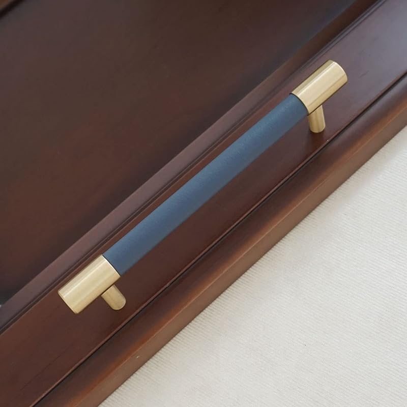 Темно-синие кожаные ручки для ящиков, медные ручки для шкафа, круглые ручки для ящиков шкафа (5" Отверстие к Отверстию)