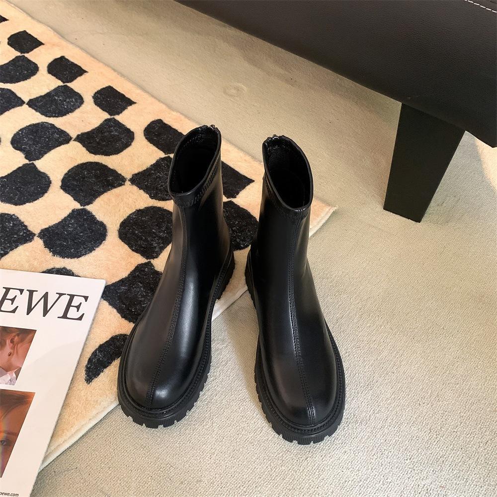 Кожаные короткие ботинки женские толстый каблук 2025 новые весенне-осенние эластичные тонкие ботинки одинарные ботинки толстая подошва британские ботинки Мартин