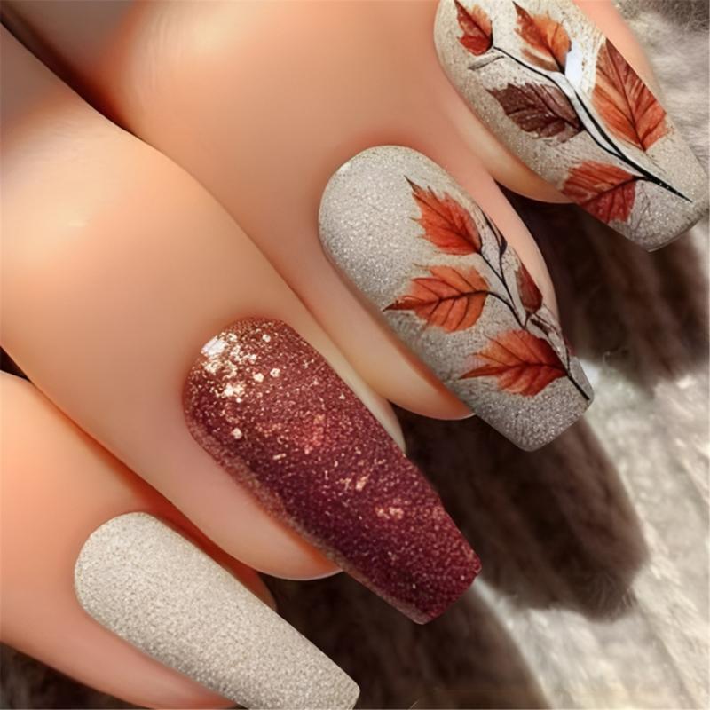 День Благодарения Кленовый лист Накладные ногти False Nail Полное покрытие 24 шт. Приклеивающиеся ногти для осенней моды Акриловый набор ногтей