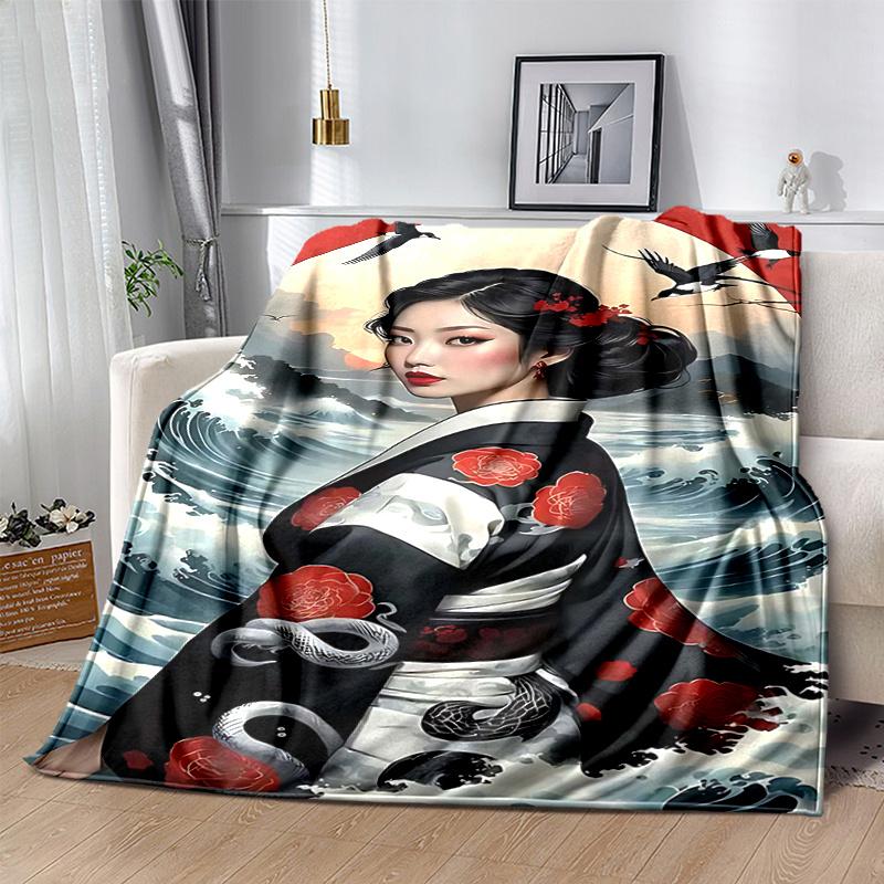 1pc Japanese Geisha Floral Print Blanket Home Decor, Couch Throw, Outdoor Blanket .W051