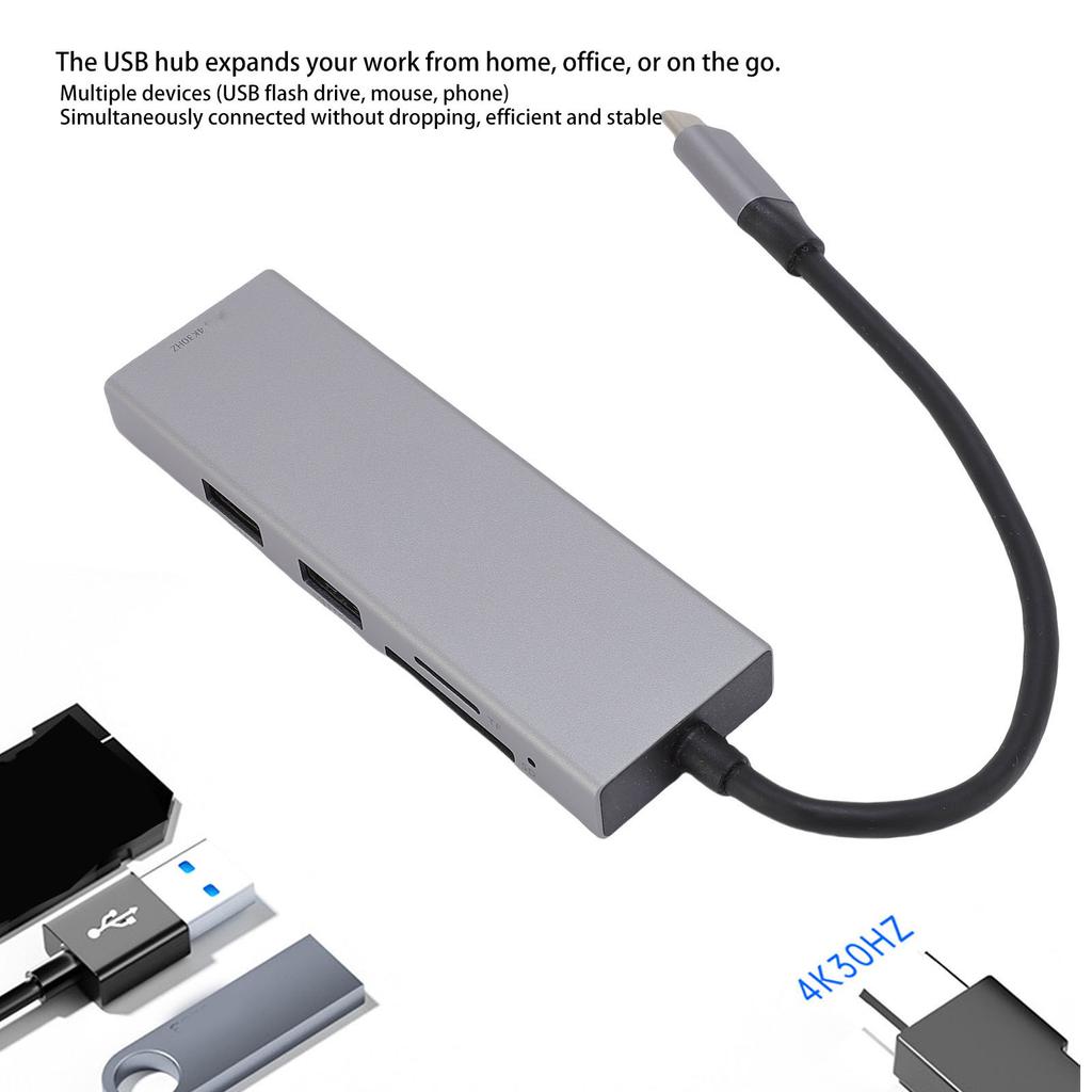USB C Хаб 5 в 1 Многопортовый адаптер 4K Потрясающий дисплей Док-станция Type C для ноутбуков планшетов Серый алюминиевый сплав
