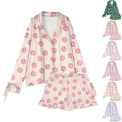 Женский костюм из 2 предметов с принтом, топ на пуговицах с длинными рукавами, широкие брюки, комплект, пижамный домашний повседневный костюм