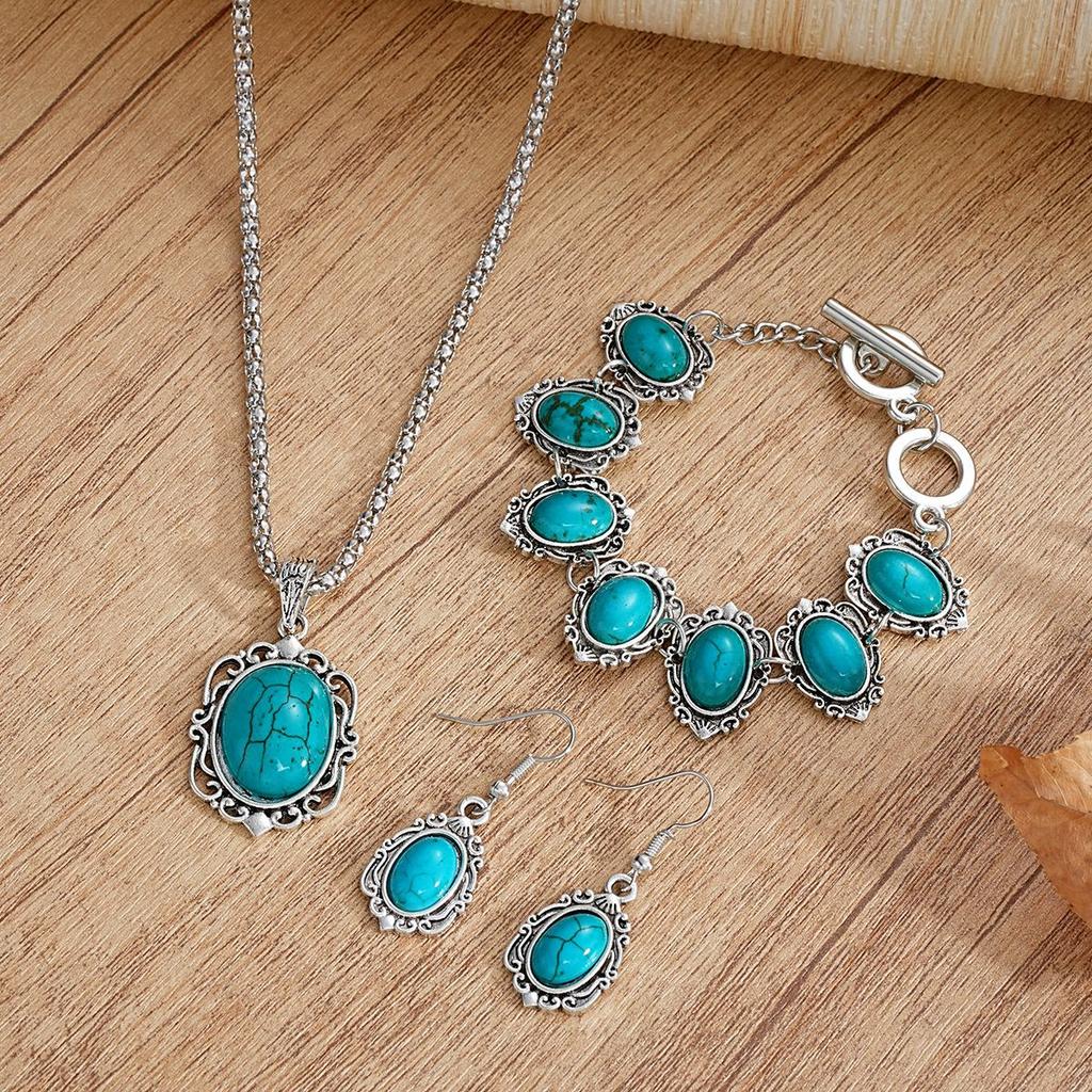 Boho Retro 4 шт./комплект серег праздничный бонус бирюзовый сплав браслет праздничная одежда женский комплект аксессуаров подходит для винтажного ожерелья