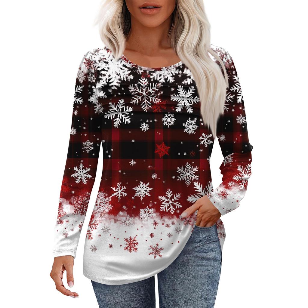 Women's Fashion Casual Christmas Printed Round Neck Pleated Long Sleeve T-Shirt Top