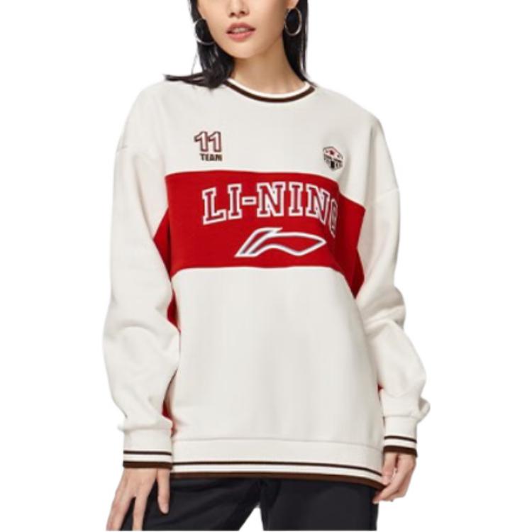 Li Ning Sports Lifestyle Series Logo Color Block Loose Fleece O-Neck Long Sleeve Hoody Winter Women Hoody Off-White AWDSH70-1