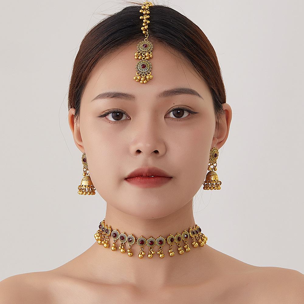 New European and American fashion jewelry, Indian style diamond fringed neck chain earrings, retro personalized necklace set