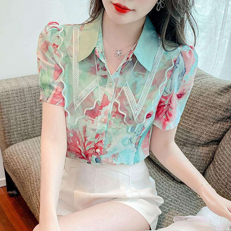 Женская одежда, модная кружевная лоскутная рубашка с цветочным принтом, шикарная элегантная рубашка, летняя милая тонкая блузка с короткими рукавами, Blusas Mujer