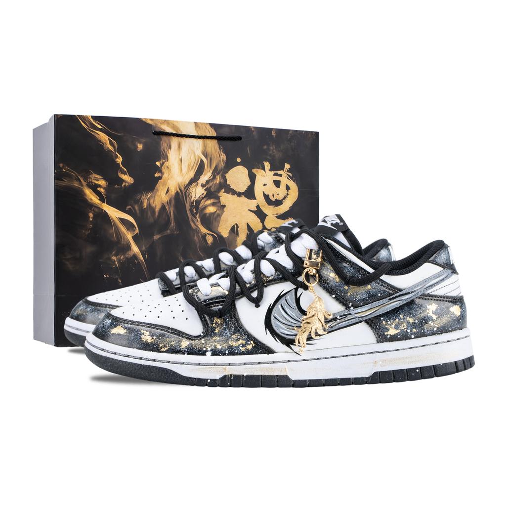 Nike Dunk Ink Dyed Golden Feather Abrasion Resistant Slip Resistant Low top Skateboard Shoes Unisex Black Gold HF5441-100(Team836-)