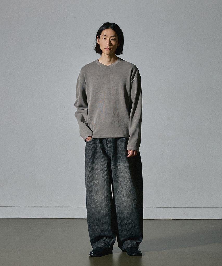 HOOVES Garments Washed Overlap Neck Knit Tee [Ash Brown]