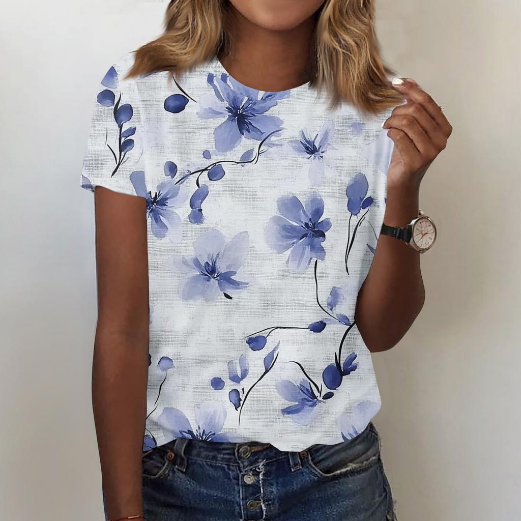 Women's Fashion Casual Printed Round Neck Short Sleeved T-Shirt Top T-Shirt Top Top