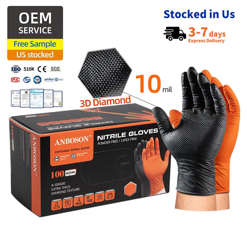 Anboson 10mil Orange Disposable Nitrile Gloves Diamond Texture Industrial Strength for Auto Repair and Heavy Duty Applications