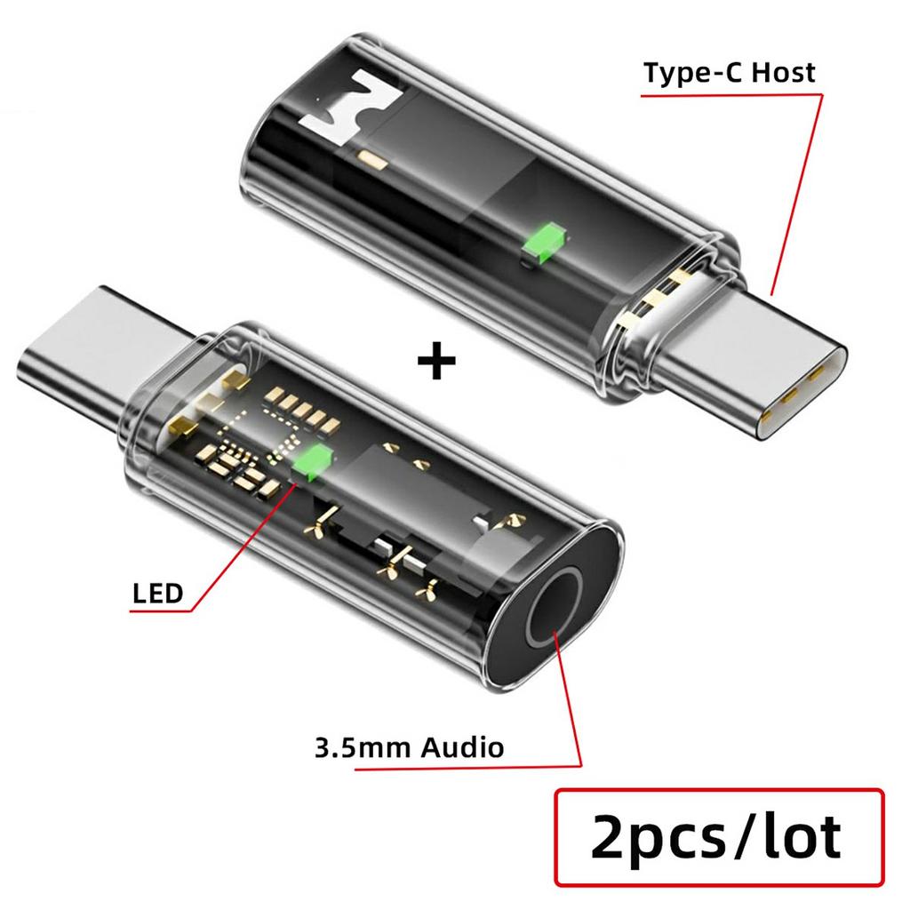 UC-075-TR 2Pcs USB-C To 3.5mm Audio AUX AB136D Chip Transparent Adapter for Laptop Tablet Phone