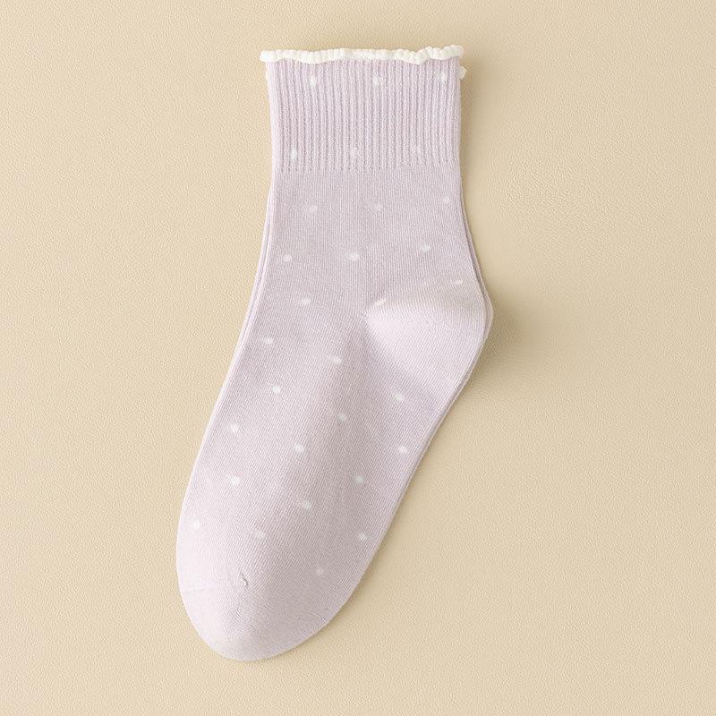 Черные носки с кружевом из древесного гриба для женщин, стиль весна и осень, махровые носки, хлопковые носки, летние носки в горошек с отворотом, бесшовные носки до середины икры