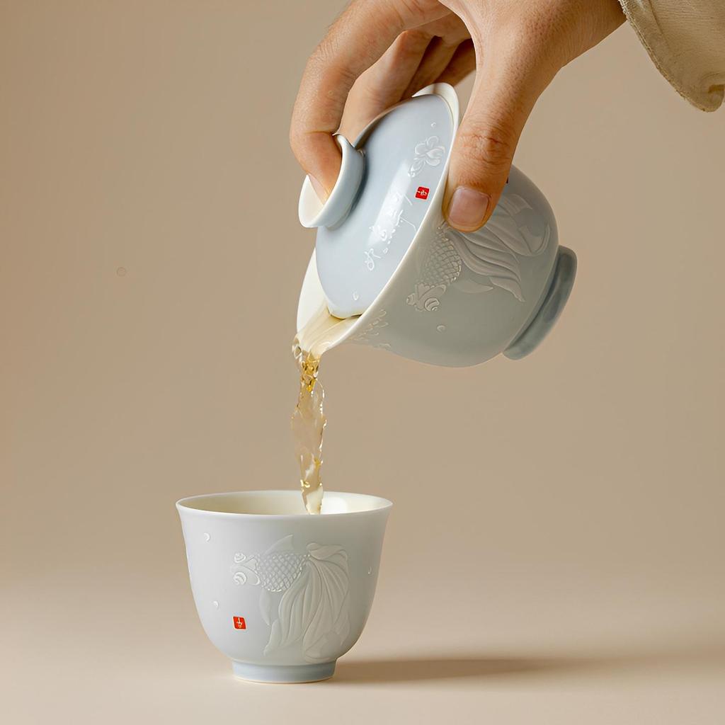 Керамический набор для чая Гайвань с глазурью цвета глины Дехуа, Белая рыба - Тонкий фарфор, Чаша для заваривания чая в стиле Кунг-фу