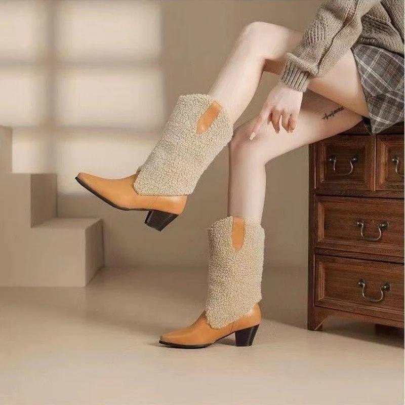 Модные брендовые высококачественные ковбойские сапоги для женщин 2024 года, зимняя новая модная обувь для женщин, квадратные каблуки, сапоги до середины икры в стиле вестерн Botas Mujer