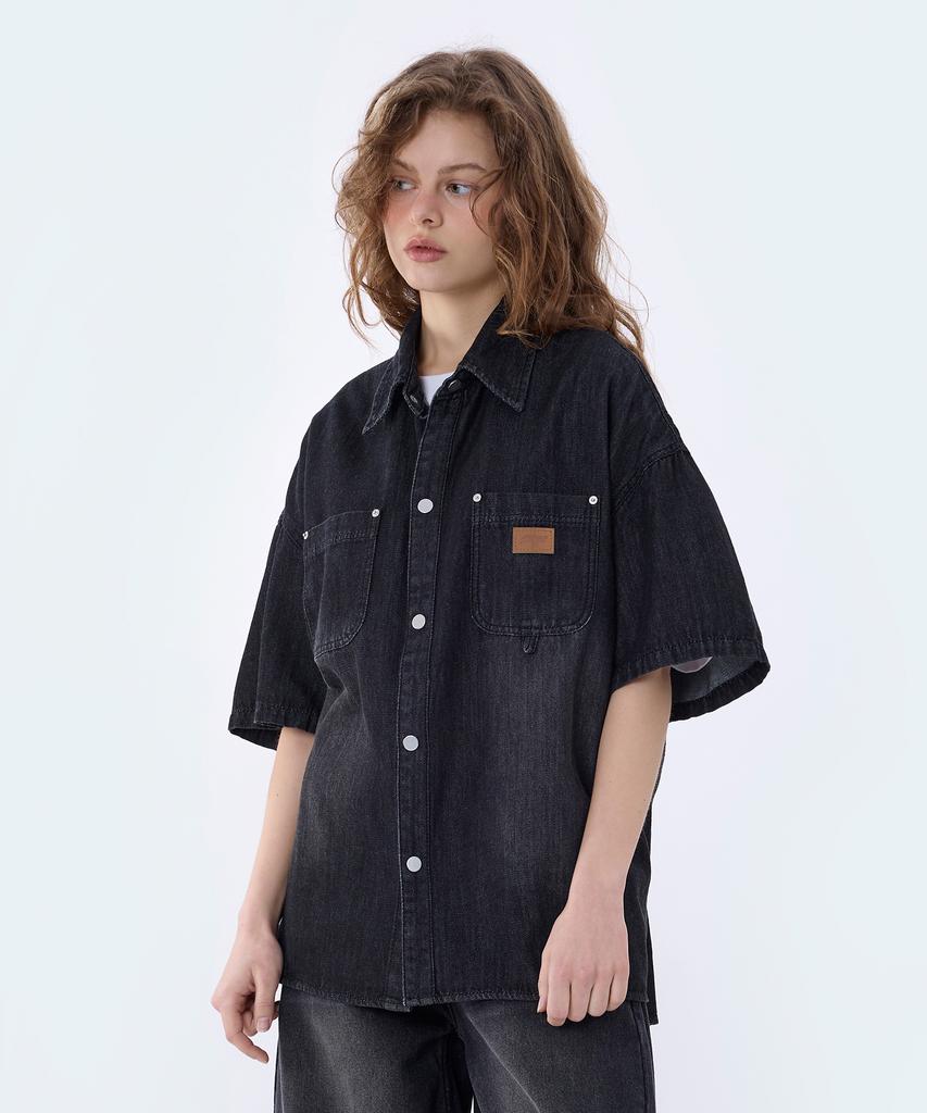 GHOST REPUBLIC Double Pocket Leather Patch Denim Short Sleeve Shirt Gs-717_Dust Black