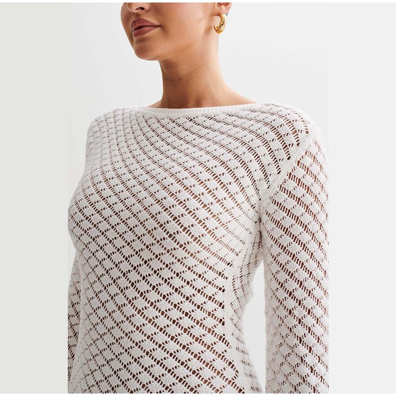 Женское трикотажное платье с длинным рукавом и открытой спиной, весна-лето 2025, пляжное бикини, туника, ажурный вязаный купальник, женский купальник