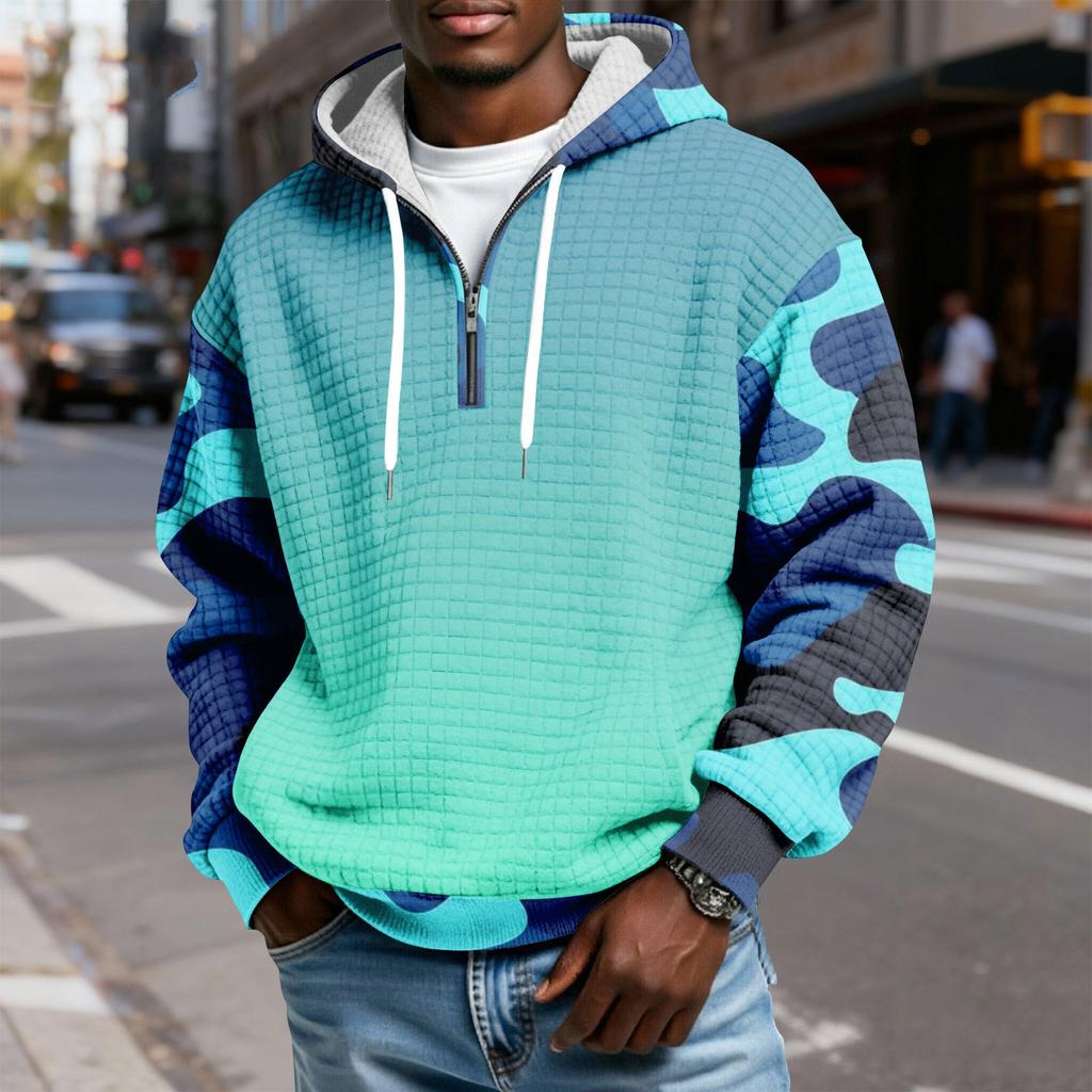 Мужской худи-пуловер в клетку с капюшоном на молнии до середины, со шнурком и принтом, повседневная спортивная толстовка