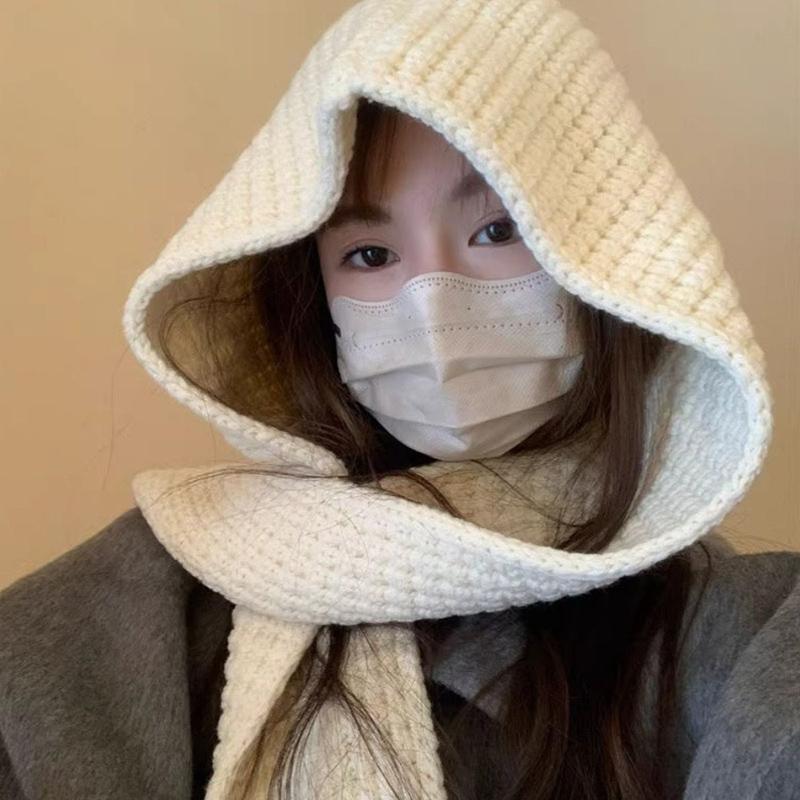 Winter Knitted Balaclava Hood for Women Solid Color Warm Beanies One-Piece Scarf Woolen Cap Outdoor Windproof Ear Protection Cap