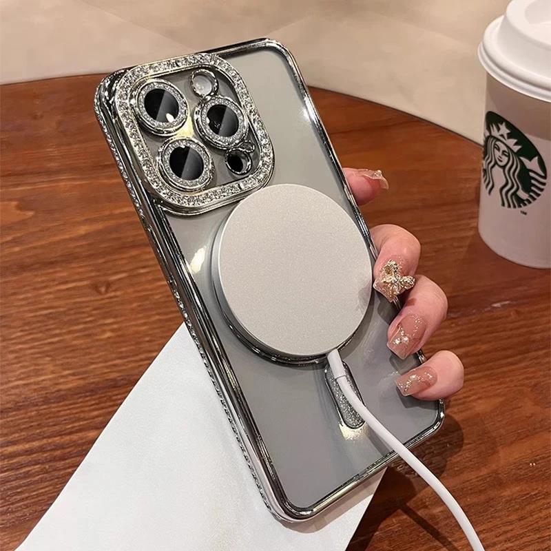 Новый модный прозрачный чехол с блестками и бриллиантами для iPhone17 16 15 14 13 17 12 Pro Max Магнитный бампер с поддержкой беспроводной зарядки