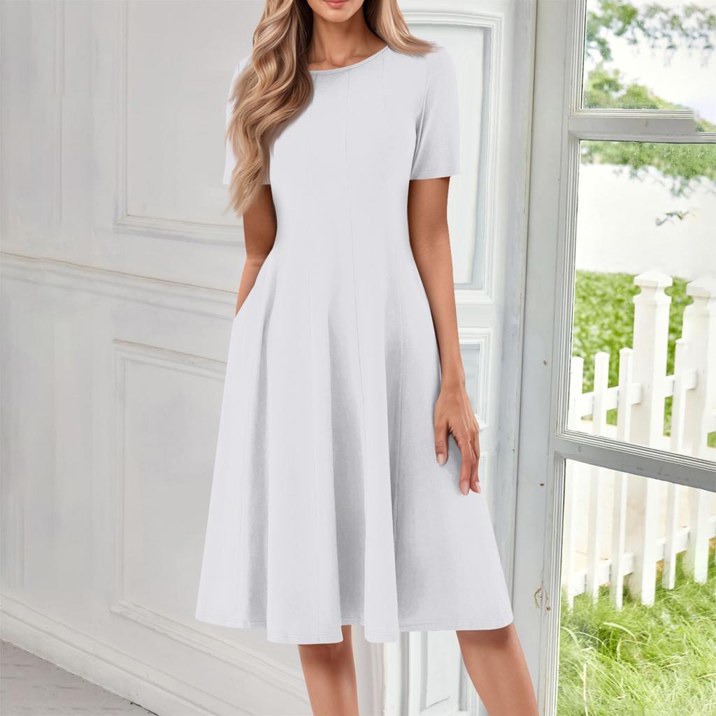 Женское повседневное и модное платье с круглым вырезом и коротким рукавом, однотонное, средней длины