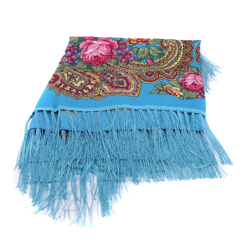 Women's Vintage Floral Print Shawl - Square Ethnic Scarf With Four-Sided Tassels For Travel & Dust Protection