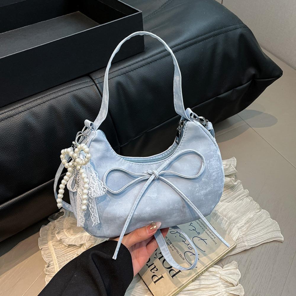 Lace Pearl Pendant PU Hobo Bag Large Capacity French Style Handbag Bow Shoulder Bag Outdoor