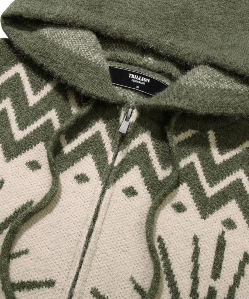 TRILLION Washable Wool Star Nordic Hooded Zip-Up Knit_Khaki