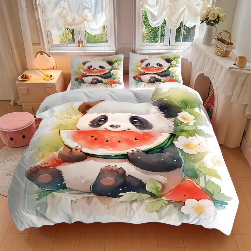 3pcs Panda Eating Watermelon Quilt Cover Set (1 Quilt Cover + 2 Pillowcases Without Pillow Core), High-Definition Printing for Home and Dormitory