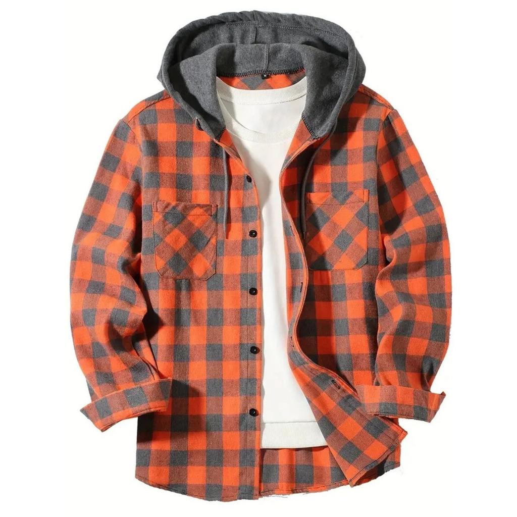 Men's Casual Long-Sleeve Loose-Fit Hooded Plaid Pocketed Shirt