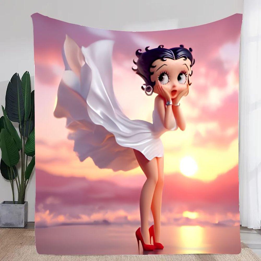 Betty Boop Cartoon Throw Blanket - Stylish and Cozy Soft Fleece Blanket Featuring Iconic Betty Boop with Curly Dark Hair and Sur