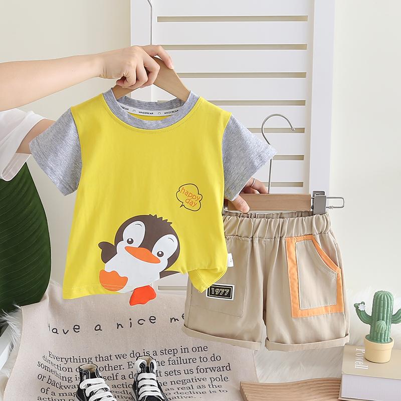 Комплект из 2 предметов из хлопка для мальчиков - Детский топ с круглым вырезом и мультяшным пингвином в стиле колор-блок + Повседневные шорты - Доступная цена Детская одежда -S-XXL