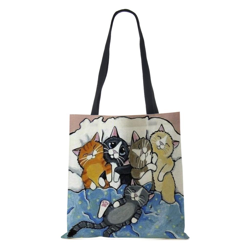 Женская сумка-тоут из льна с принтом кошки, повседневная, для путешествий, пляжная, подарочная сумка KTB