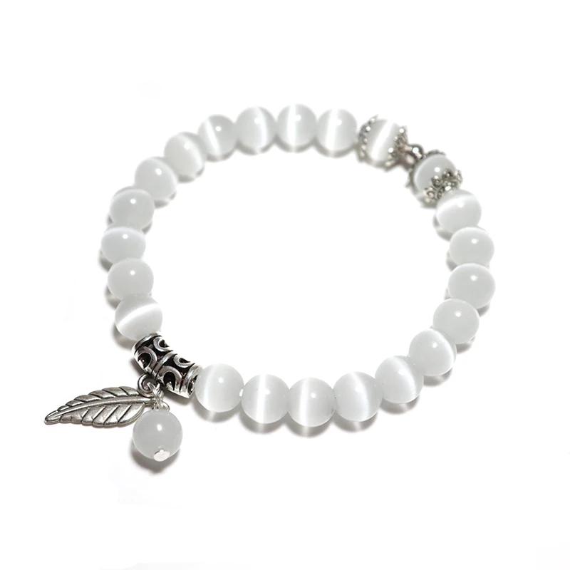 Genuine Cat Eyes Stone Bracelet For Women Natural Moonstone Braslet Leaf Pendant Braclet Pink Opal Brazalete Girlfriend Gift