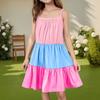 Детское летнее повседневное модное платье с круглым вырезом, однотонное, без рукавов