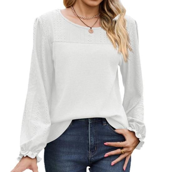 Women Tops Round Neck Puff Long Sleeve Solid Color Tee Shirt with Waffle Decoration Solid Color Loose Fit T-shirt