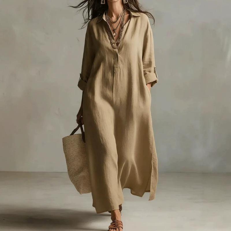 Solid Color French Style Lapel Casual Seven Quarter Sleeve Shirt Dress Women